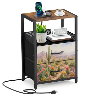 Table de chevet avec 2 tiroirs en tissu et station de charge