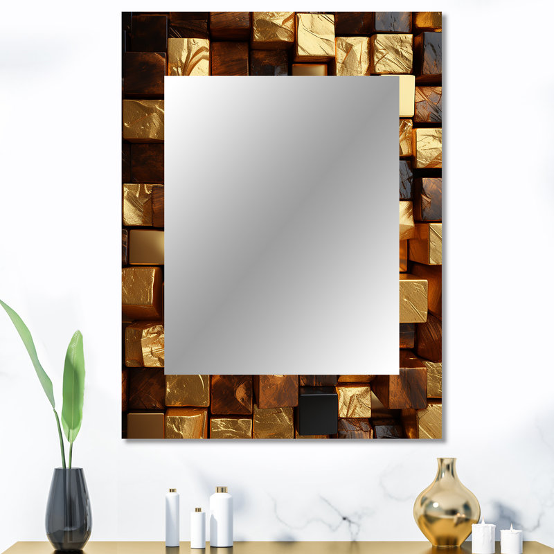Cubes abstraits noirs et dorés II - miroir mural géométrique, miroir décoratif doré, impression sur métal, 40 po x 30 po