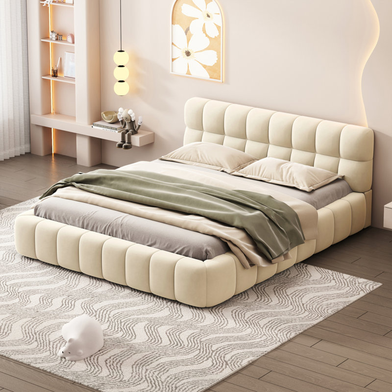 Grand lit plateforme tapissier avec tissu épais, lit au sol avec structure solide, gris, Beige