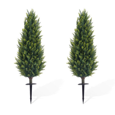 UV Resistant Faux Cypress Topiary Trees Set of 2 – 3.3FT Artificial Greenery Shrubs with Ground Spikes – Realistic Outdoor Decor for Front Porch, Patio, Garden, Green Color