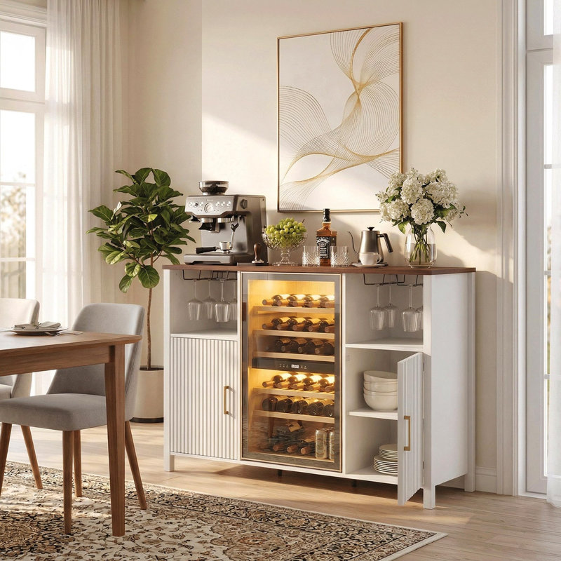 53" Fluted Coffee Bar Cabinet with Power Outlet, Mini Fridge Space & Glass Holder, White
