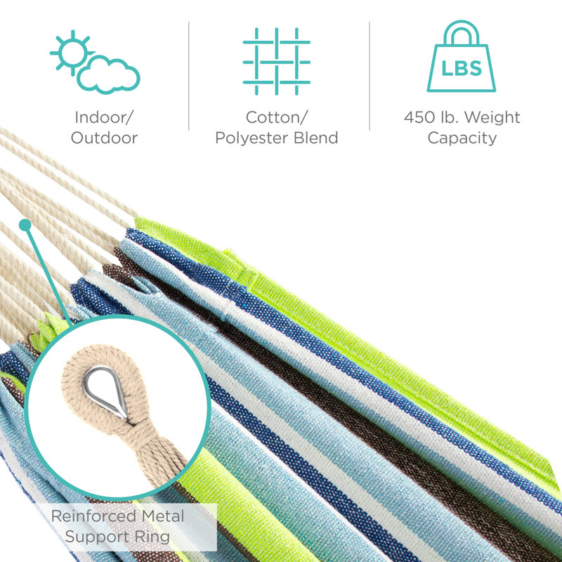 Hamac double en coton de style brésilien 2 personnes avec support Knutsford avec sac de transport, Rayures bleues / vertes