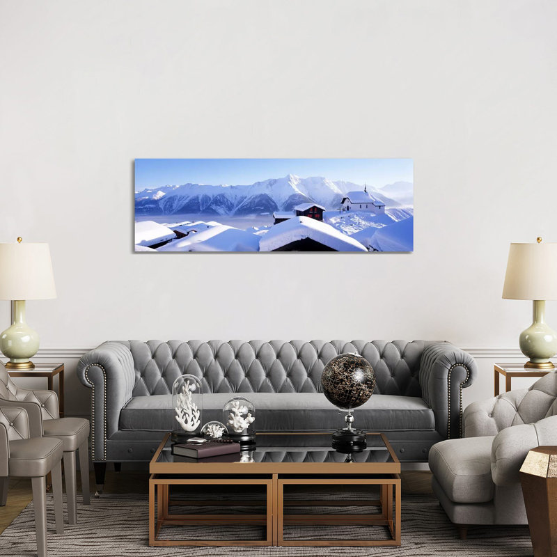 Snow Covered Chapel and Chalets Swiss Alps Switzerland 1 Piece Panoramic Wall Art on Canvas, 152.4 cm H x 50.8 cm W