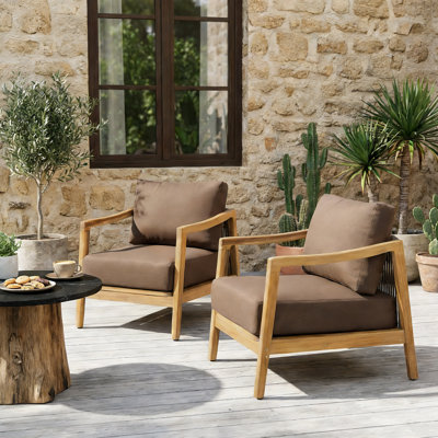Marisol Modern Coastal Acacia Wood Outdoor Club Chair with Rope Back Detail and Water-Repellent Cushions