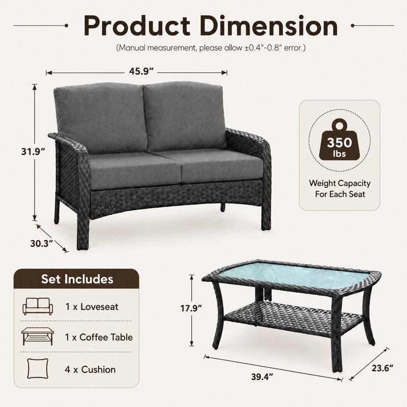 Ensemble de conversation pour patio pour 2 personnes avec coussins, Gris foncé