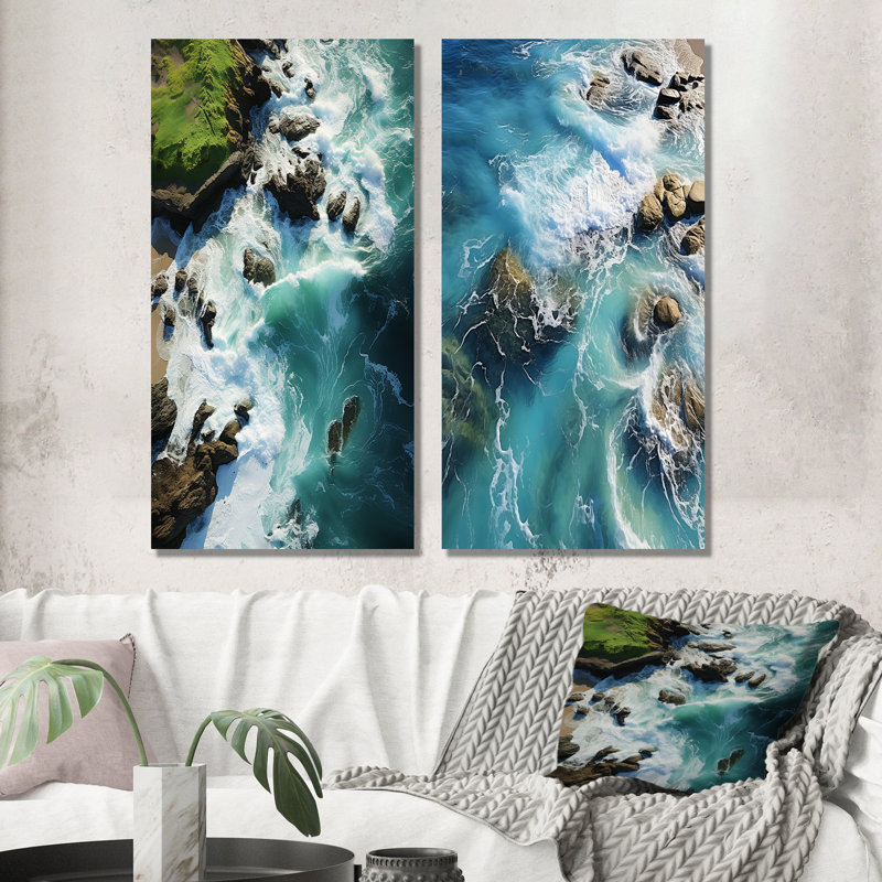 Vue aérienne sur une île tropicale IV - plage, ensemble d'art mural sur toile 2, Toile tendue, H 28 po x l 25 po