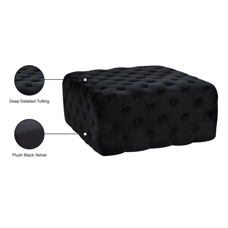 Ariel 33" Wide Velvet Tufted Square Standard Ottoman, Black Velvet