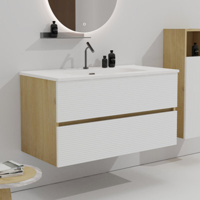 Meuble-lavabo mural mat enneigé avec lavabo en céramique intégré avec trop-plein, grand meuble-lavabo flottant avec rangement pour salle de bain moderne, pré-assemblé, meuble-lavabo