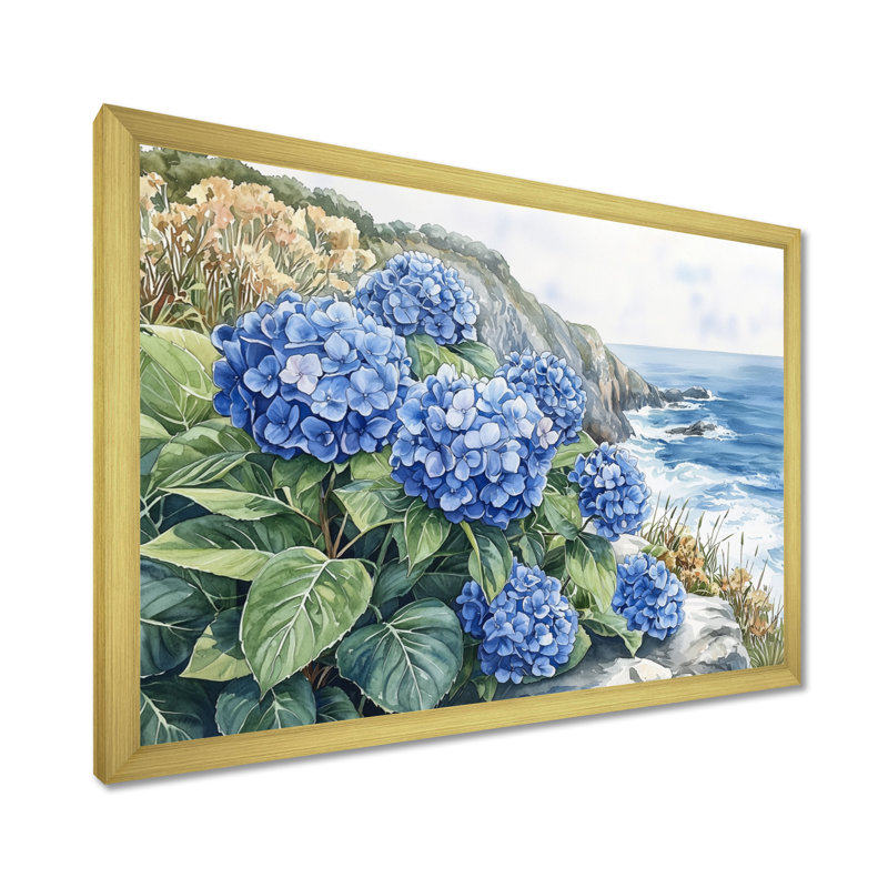 Hydrangées au bord de la mer, falaise II - hydrangées, art mural, Reproduction encadrée d'une seule photo sans pass, Doré