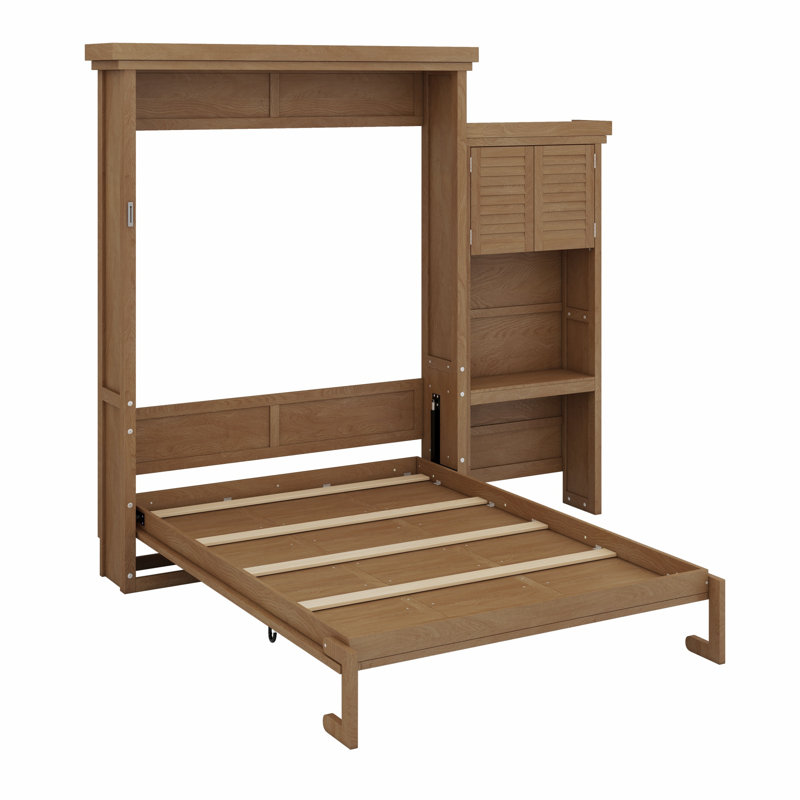 Lit escamotable avec tablettes de rangement et décoration à persiennes, Bois
