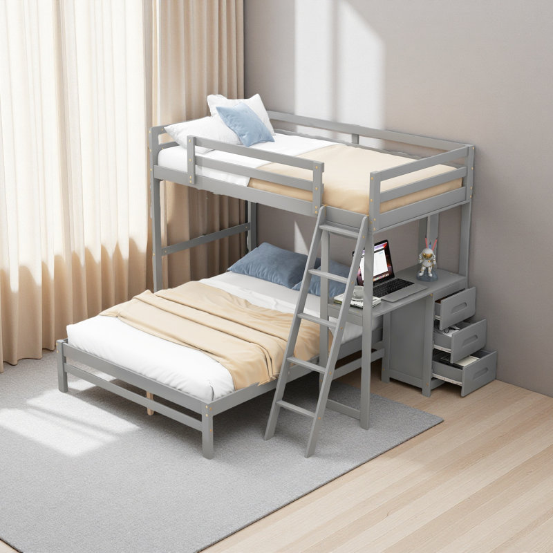 Twin Over Full Bunk Bed With Built-In Desk And Three Drawers, Grey