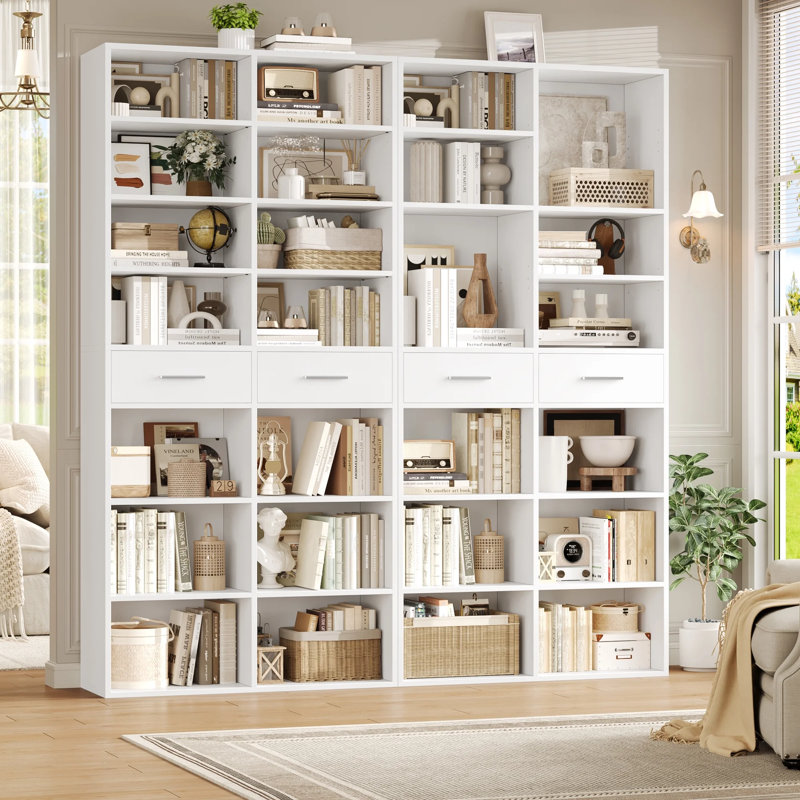 73"H 8-Tier Standard Bookcase With Adjustable Shelves, Wood Freestanding Bookshelves With 14 Open Shelves And 2 Drawers, White