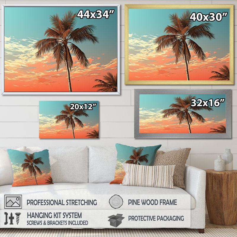 Palmier au coucher du soleil sur toile, Cadre photo argenté, H 16 po x l 32 po x P 1 po