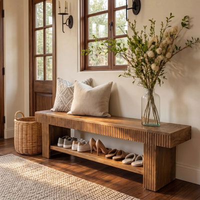 71 Inch Fluted Solid Wood Entryway Bench