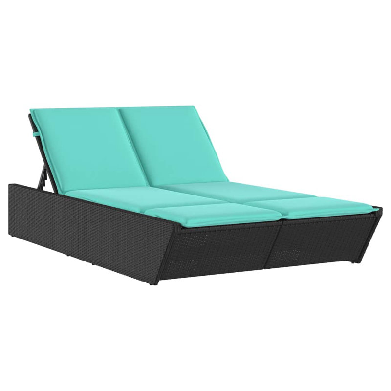 Latitude Run® Double Sun Lounger With Cushions Poly Rattan, Turquoise, Black
