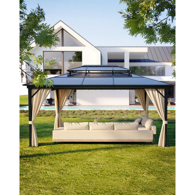 10x12ft Hardtop Gazebo with Double Polycarbonate Roof and Aluminum Frame, All-Weather Outdoor Pavilion with Mosquito Netting & Privacy Curtains for Patio, Garden, Lawn