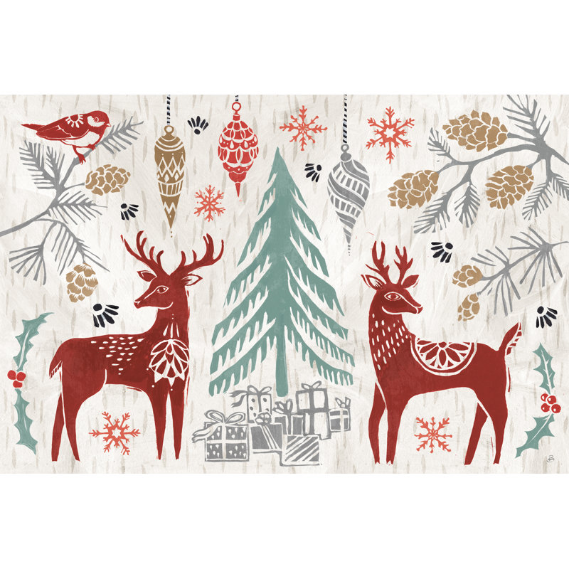 «Woodcut Christmas I», impression sur toile tendue, H 24 po x l 36 po, Non, Black Framed Canvas