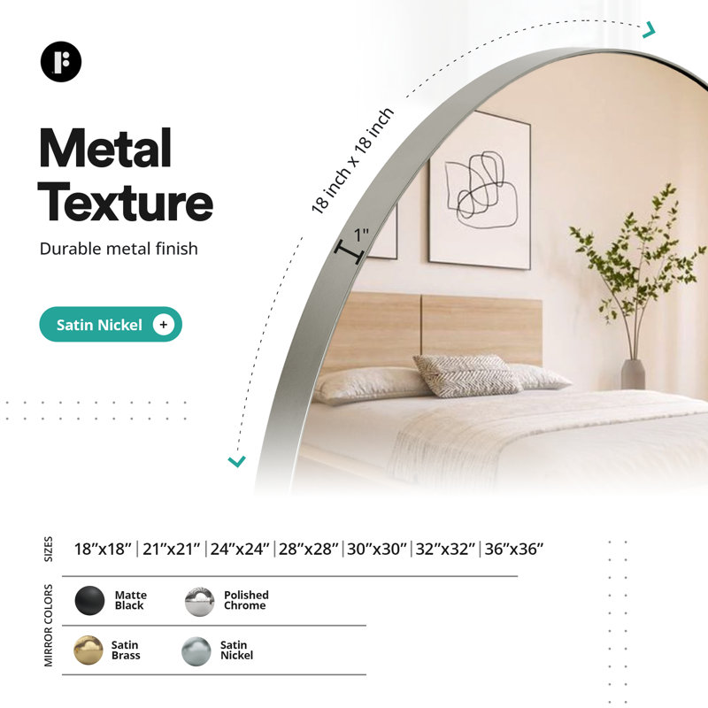 Miroir mural rond FINE FIXTURES, H 18 po x l 18 po, Nickel satiné, Acier Inoxydable