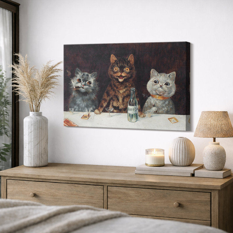 Art rétro de chats drôles à la table, photos de salle à manger, impression sur toile encadrée, impression numérique.