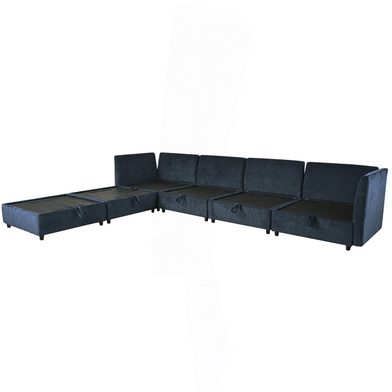 Versatile 6-Piece Modular Sofa Bed With Storage, Dark Blue Polyester