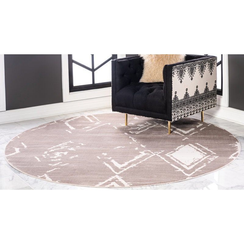 Tapis brun clair à motif géométrique Uptown, Rond 8 pi