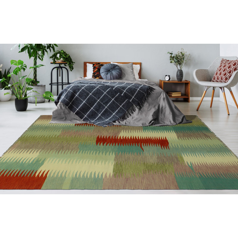 Tapis vert en laine noué à la main de conception unique 8 pi 2 po x 9 pi 10 po Jamilex