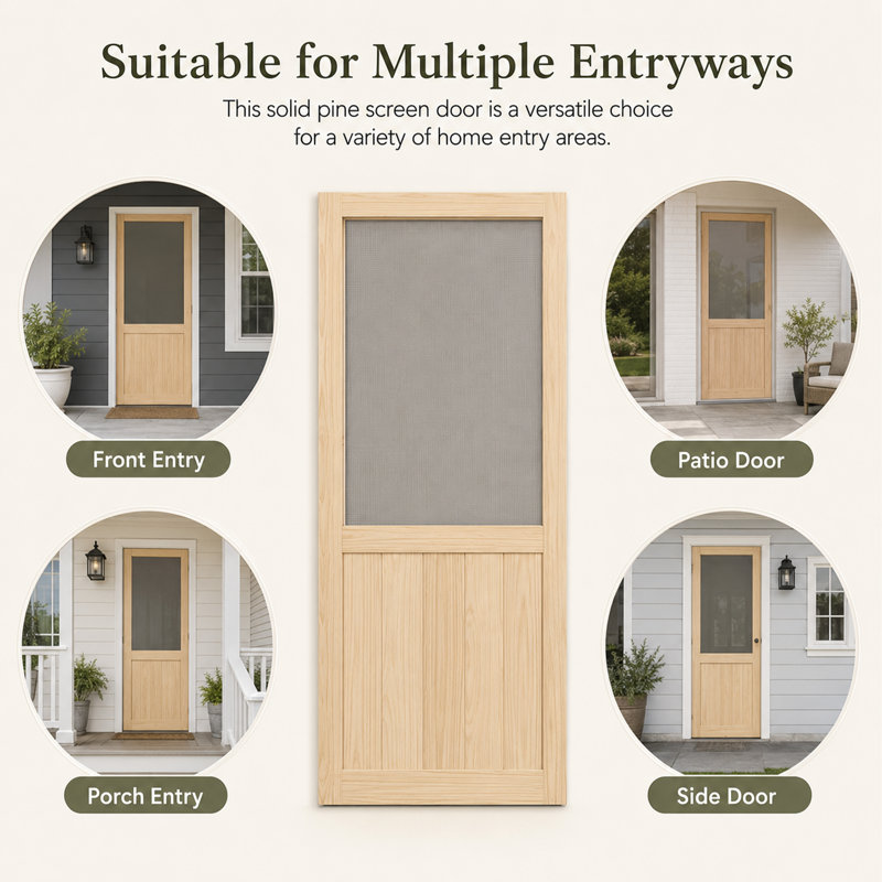 Exterior Door Solid Pine Wood Screen Door with Deadbolt Lock, Nylon Mesh, Unfinished Ready-to-Assemble, 30"X80"