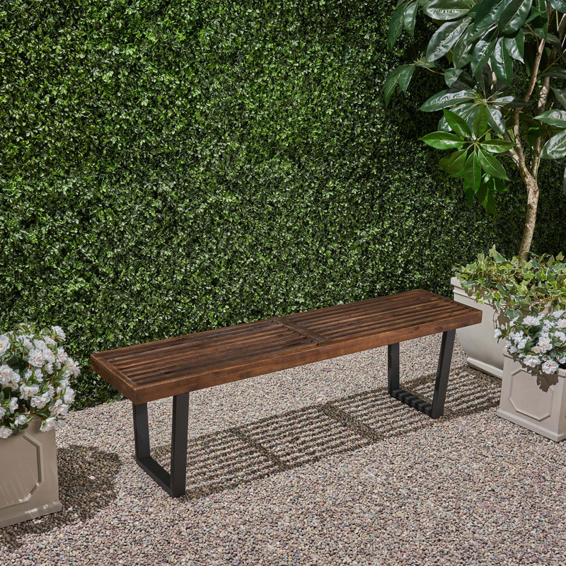 Banc de patio JOA, bois d'acacia avec pieds en fer, moderne, contemporain, brun foncé et noir