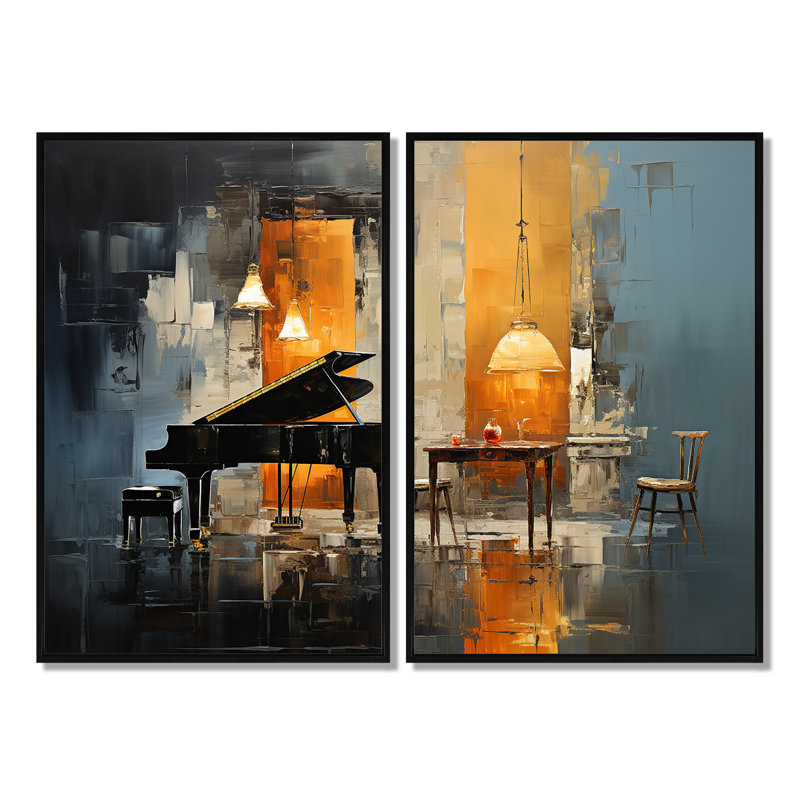 «Yellow and Blue Piano Jazz Room Harmony I - Music Music Jazz», art mural 2 pièces, 36" H x 48" W, Black