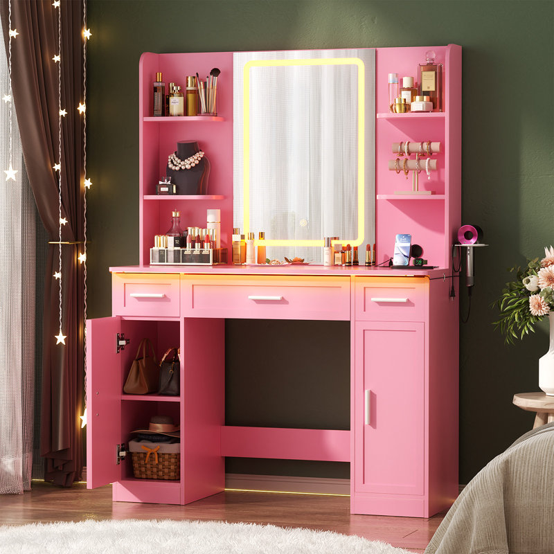  Vanity Desk with Drawers and Shelves, Makeup Vanity Desks with Power Strip, Mirror and Lights, Pink