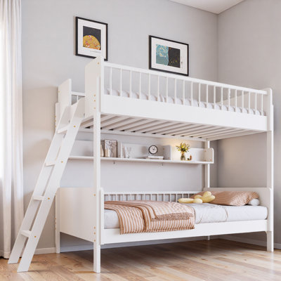 Lit superposé en bois avec 3 tablettes de rangement et échelle interchangeable