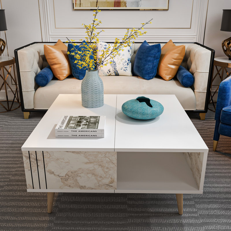Table basse moderne blanche de 35,3 po x 35,3 po x 18,3 po | 100% panneau de particules enduit de mélamine, épaisseur: 0,7 pouce | Design élégant en marbre, parfait pour le salon et les espaces contemporains, durable et élégant
