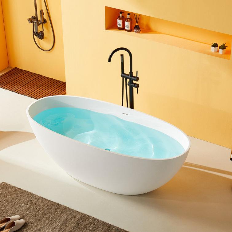 65" x 30" Freestanding Soaking Solid Surface Bathtub Stone Resin Bath Tub with Overflow, Pop-up Drain, Matte White