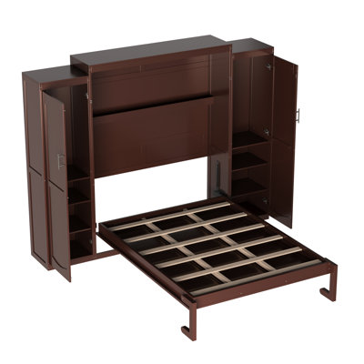 Full Size Bed For Bedroom, 2 Wardrobes And Foldable Platform, Multifunctional, Walnut, Comfort - Strong Comfortable