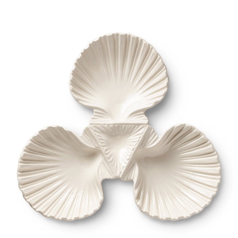 Off-White Ceramic Triangular Shell 3-Bowl Dish