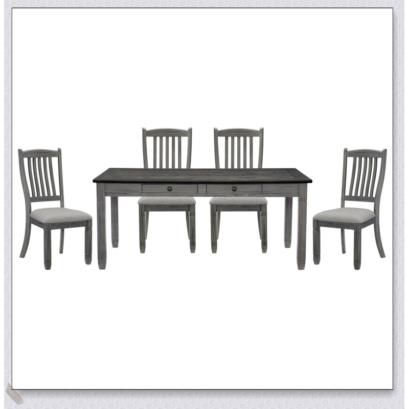 Ensemble de salle à manger 5 pièces avec 6 tiroirs, gris antique et finition café pour un style campagnard décontracté