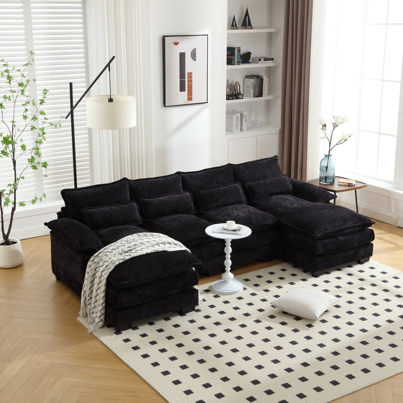 Chenille à quatre places en forme de U, structure en bois massif, éponge élastique pour un siège de salon relaxant avec chenille, éponge, téléviseur confortable et cinéma