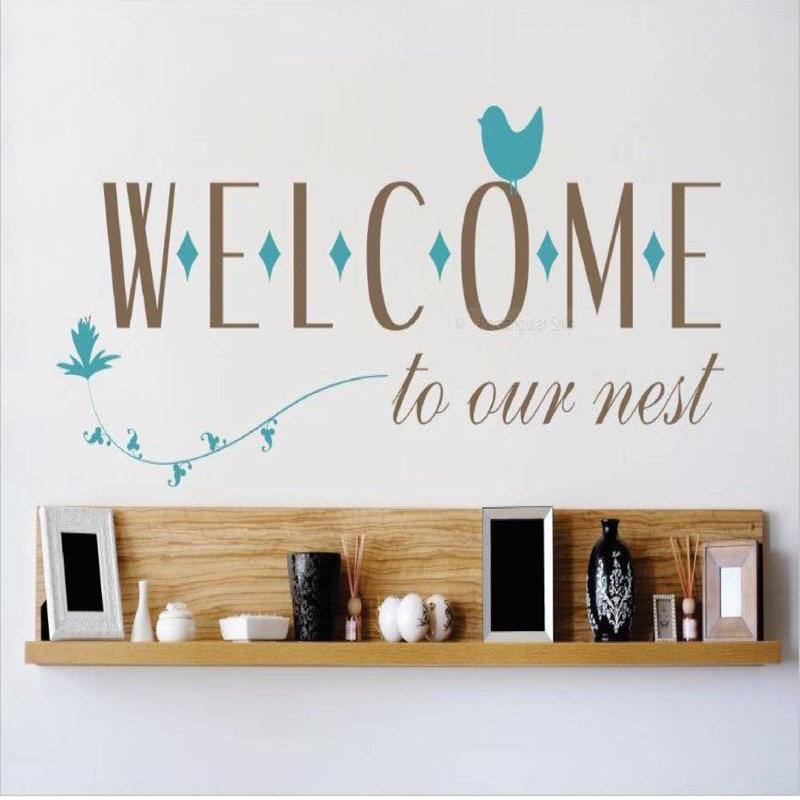 Décalcomanie murale welcome to the nest, Bleu sarcelle / brun, H 8 po x l 20 po x P 0,16 po
