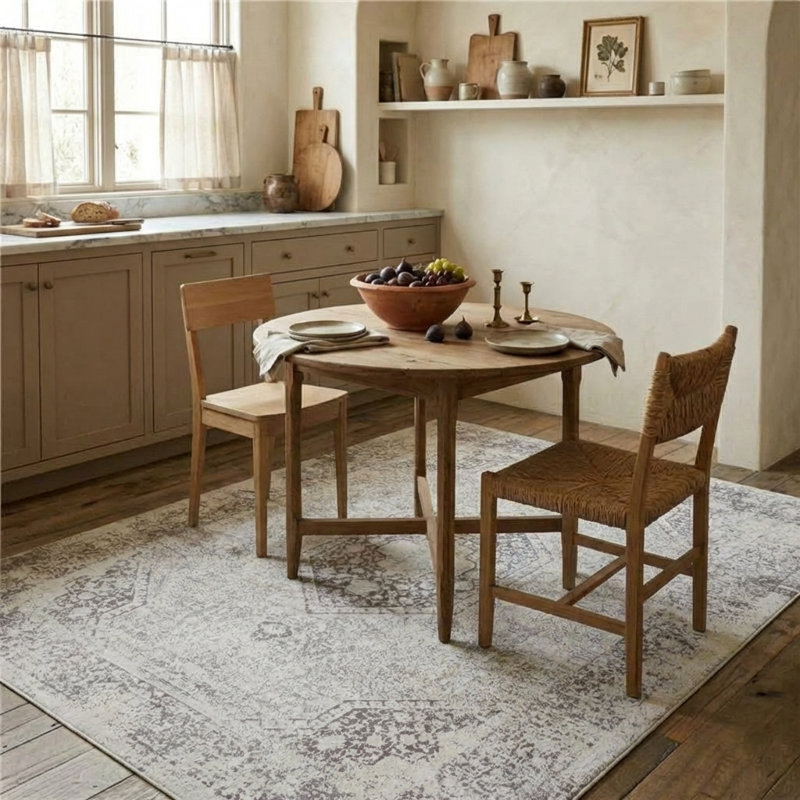 Machine Washable Traditional Oriental Gray/Ivory Waterproof Rug, Rectangle 5'3" x 7'