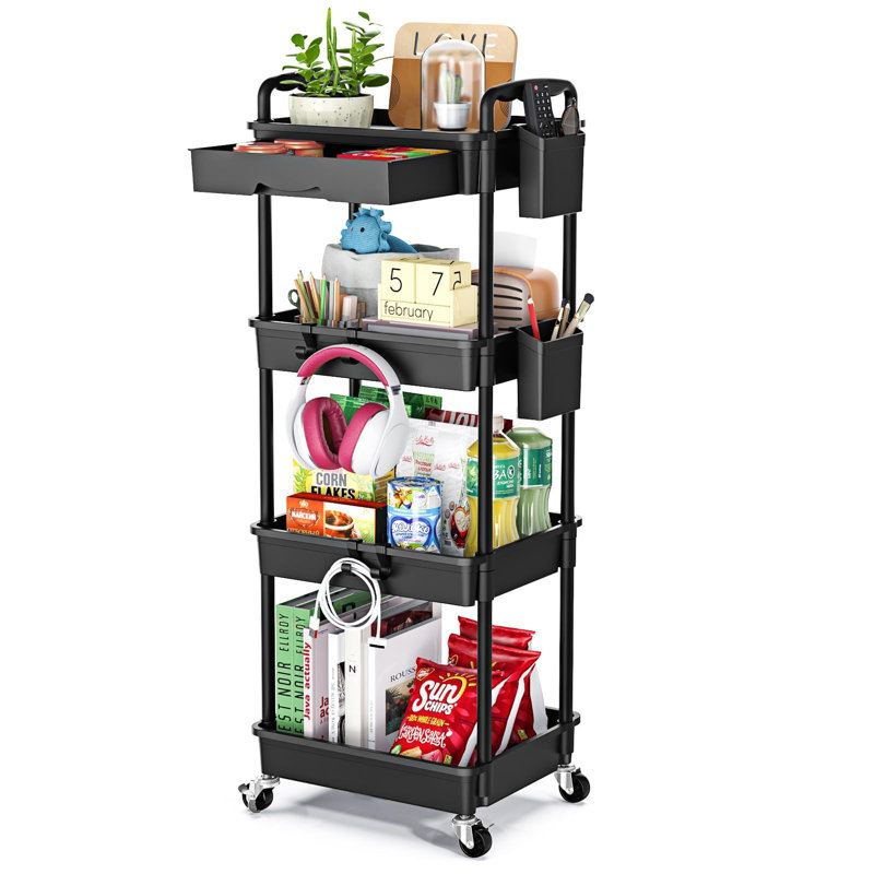 4-Tier Rolling Multi-Purpose Trolley With Drawers,Practical & Versatile Storage Trolley With Plastic Shelves & Lockable Wheels