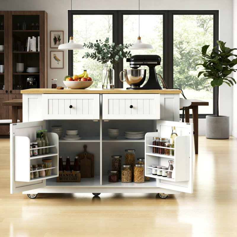 48.1-Inch White Kitchen Island With Folding Tabletop And Power Outlet, 5-Wheel Mobility, Built-In Storage Shelves With 5 Side Racks, And A Multi-Functional Kitchen Storage Cart (Stool Not Included).
