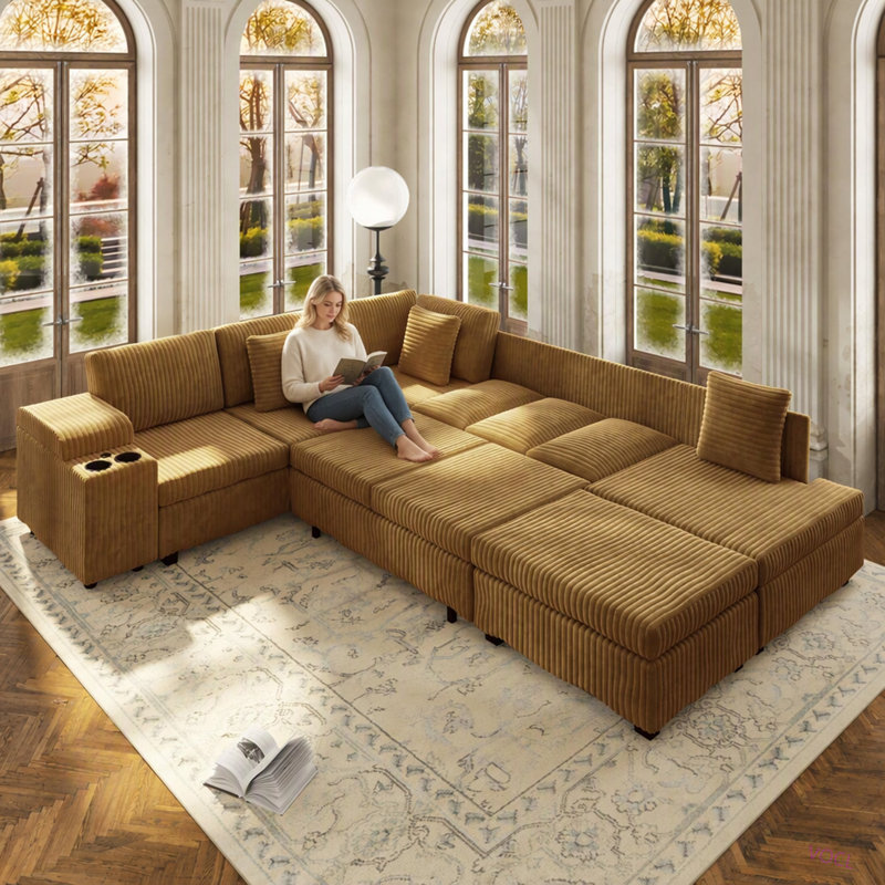 Canapé d'angle en L de 280 cm avec pouf amovible, canapé-lit convertible avec rangement dissimulé dans l'accoudoir, ports de chargement USB et porte-gobelets, revêtement en velours côtelé doux, idéal pour le salon ou un appartement.