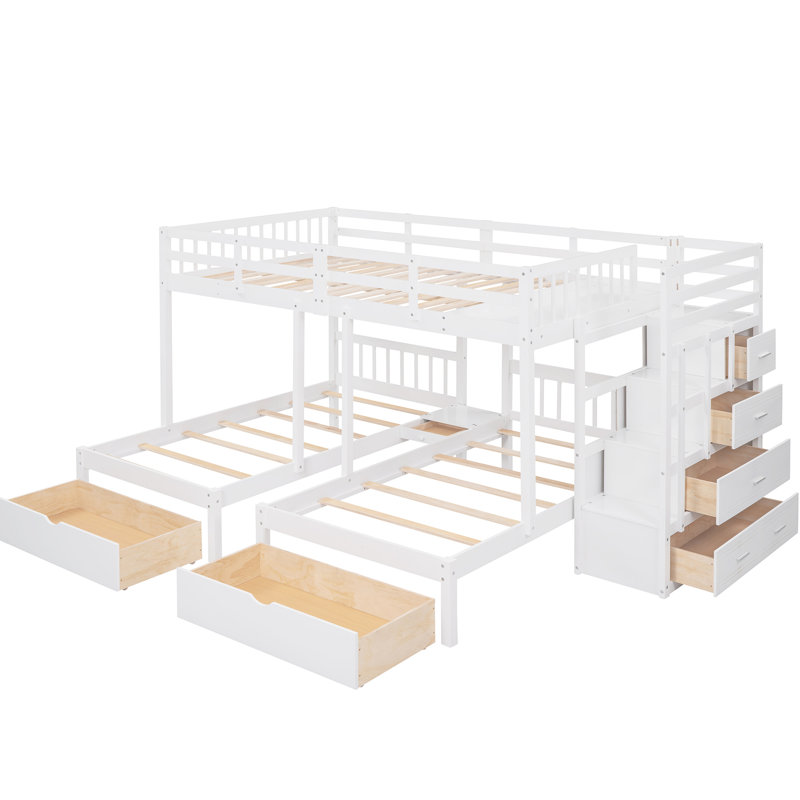 Full Over Twin & Bunk Bed, White, Pine Wood, Guardrails For Security, Storage Drawers, Side Steps Left - Right Switchable, Ideal Large Family Living Families