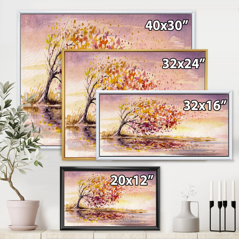 Arbre d'automne jaune et orange - Peinture sur toile, Toile avec cadre noir, H 16 po x l 32 po x p 1 po
