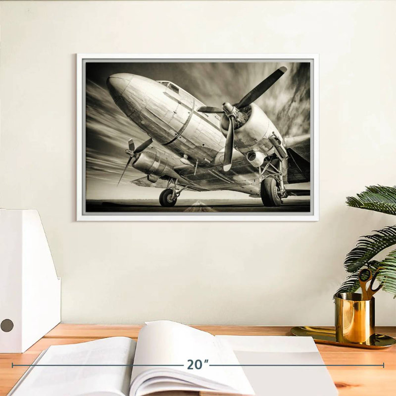 Avion rétro monochrome, Cadre flottant blanc, 13 po x 9 po