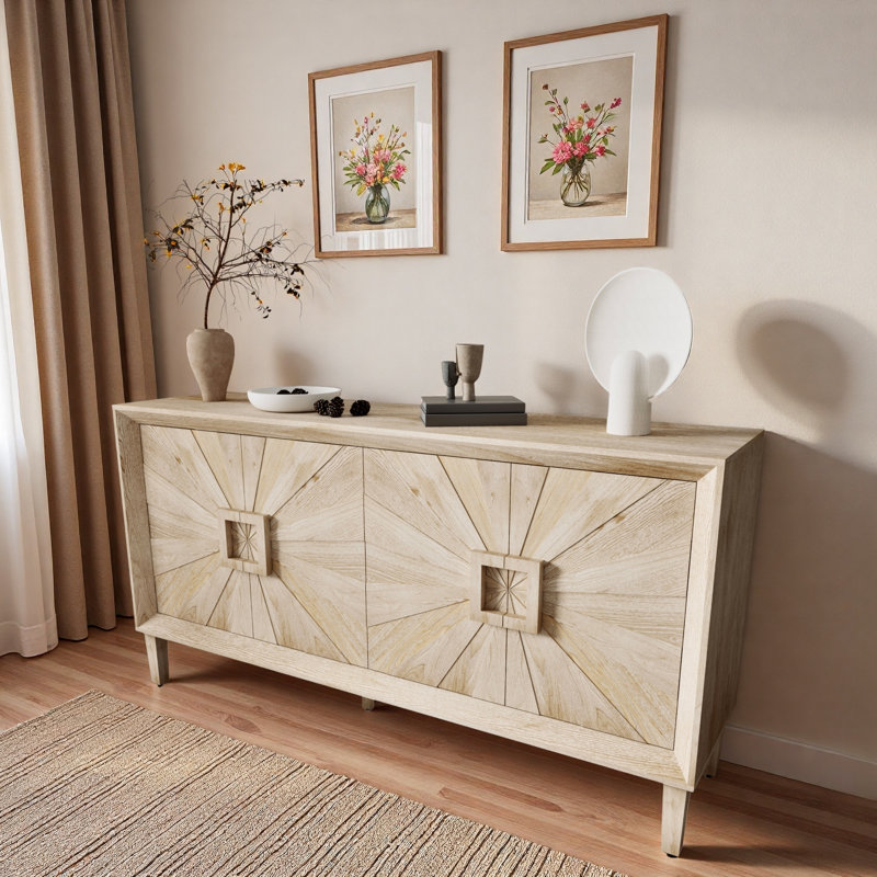 Buffet avec porte symétrique Sunburst et tablettes réglables, Naturel antique