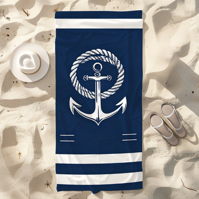  Serviette de plage légère en microfibre, absorbante sans décoloration, 30 po x 60 po, corde ancre bleu marine
