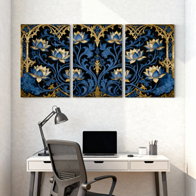 Plantes et fleurs, lotus bleu, ensemble de 3 reproductions d'art sur toile
