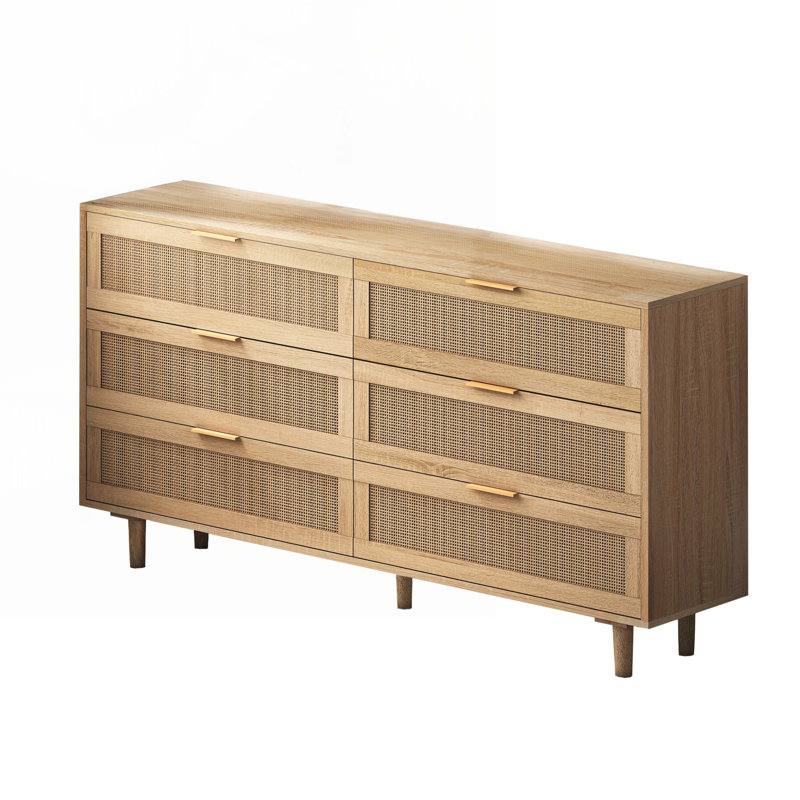 Rattan Storage Console Table with 6-Drawer, Natural