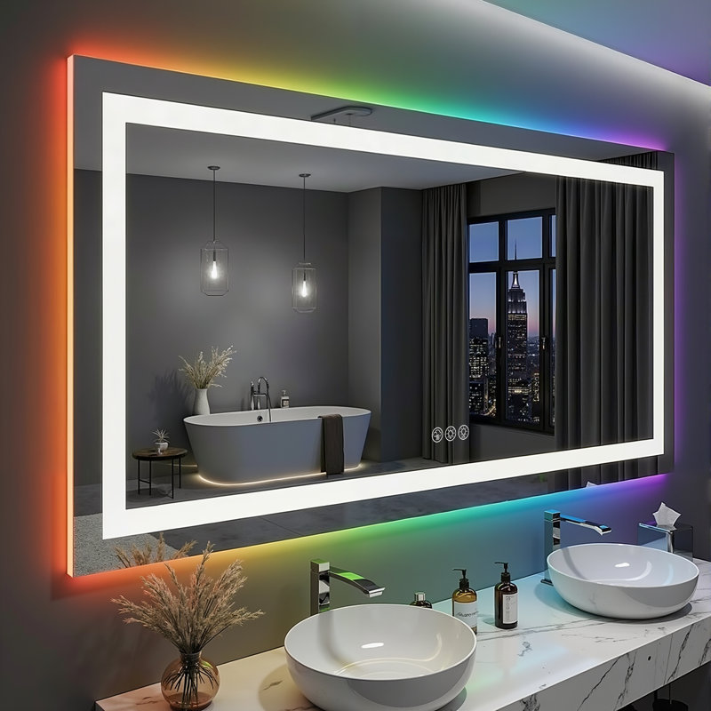 Lunara UL Certified Frameless Dual Lighting RGB Backlit & LED Frontlit Bathroom Vanity Mirror, Temper Glass, Smart Anti-fog